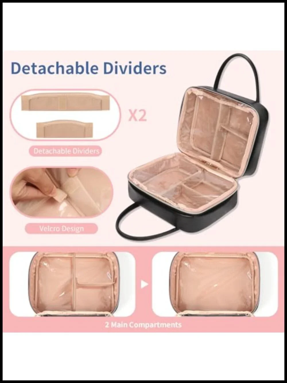 Large Capacity Travel Makeup Bag with Dividers & Brush Compartment, Waterproof